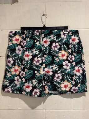 Azur men’s swim trunks black green tropical floral drawstring waist size 2XL